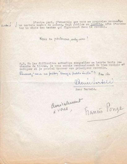 FRANCIS PONGE Réponses manuscrites au questionnaire adressé par René Bertelé pour...