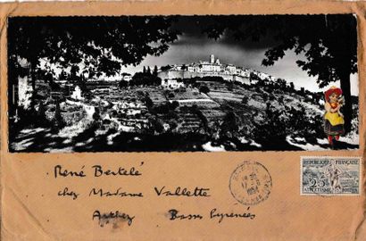 Jacques PREVERT Collage sur une carte postale à l'italienne et enveloppe, 1954, adressée...