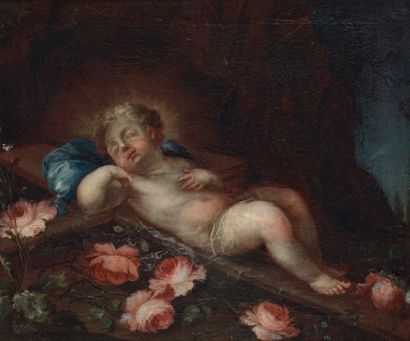 ECOLE FRANCAISE Premier tiers du XVIIIe siècle L'Enfant Jésus parmi des roses endormi...