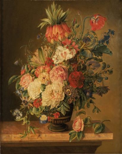 WEISS W (Actif à Amsterdam au milieu du XIXe siècle) Vase de fleurs sur un entablement...