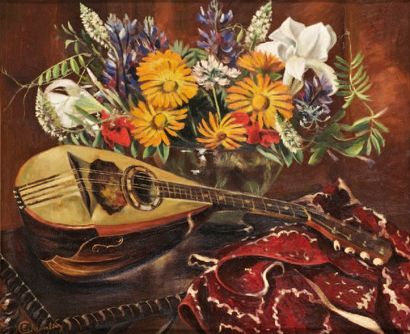 CHEVALIER Etienne (1910-1982) Mandoline sur une table Huile sur toile Signée en bas...