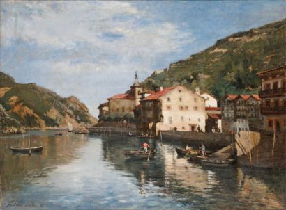 COLIN Gustave Henri(1828-1910) Bord de fleuve animé, 1876 Huile sur toile Signée...