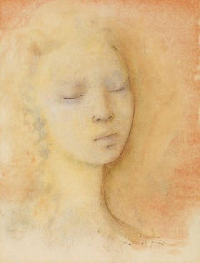 FINI Léonor (1908-1996) Portrait de jeune fille aux yeux clos Huile sur papier Signée...