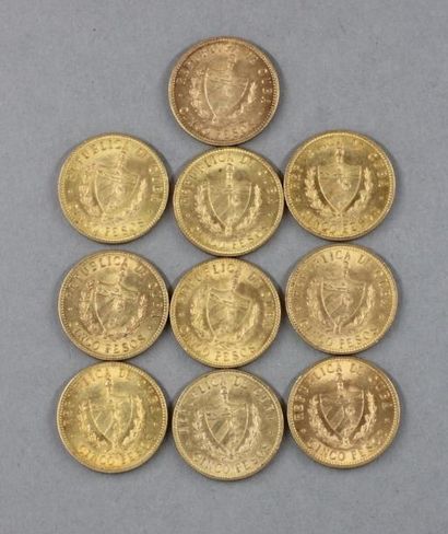 null Dix pièces de 5 pesos en or 1916 République de CUBA