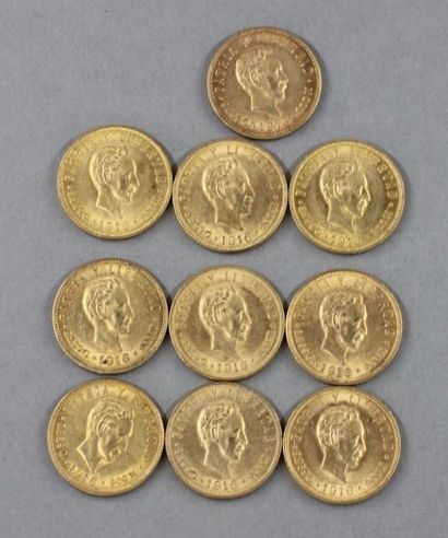 null Dix pièces de 5 pesos en or 1916 République de CUBA