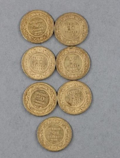 null Sept pièces de 20 francs tunisien en or