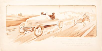 Ernest MONTAUT (1879-1936) La course Paris-Madrid, 1903 Pochoir signé dans la planche...