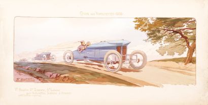 Ernest MONTAUT (1879-1936) Course de voiturettes, 1908 Pochoir signé dans la planche...