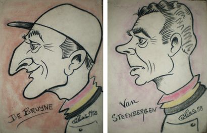 COLLAS Portraits-charges des coureurs belges VAN STEENBERGEN et de BRUYNE Paire de...
