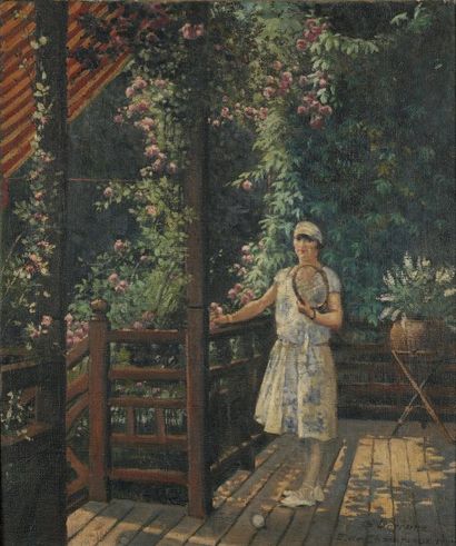 Edouard de CHAMPEAUX (XXème) Femme à la raquette de tennis sur un balcon fleuri Huile...
