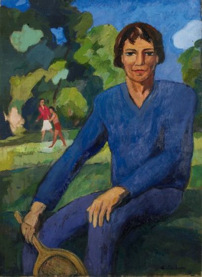 Georges JOUBIN (1888-1983). Portrait d'une jeune femme à la raquette Huile sur toile...