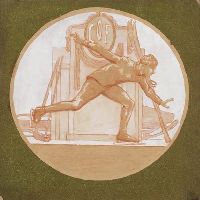 null Jeux Olympiques d'Hiver ; 1924. Le Patineur Sanguine, lavis et gouache blanche...