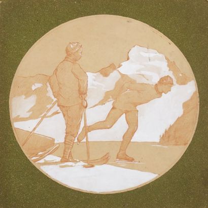 null Ski et Patinage ; Chamonix, 1924 (Jeux Olympiques). Sanguine et gouache blanche....