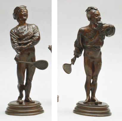 Alfred BARYE (1839-1882) Les joueurs de Paume Paire de sculptures. Epreuves en bronze...