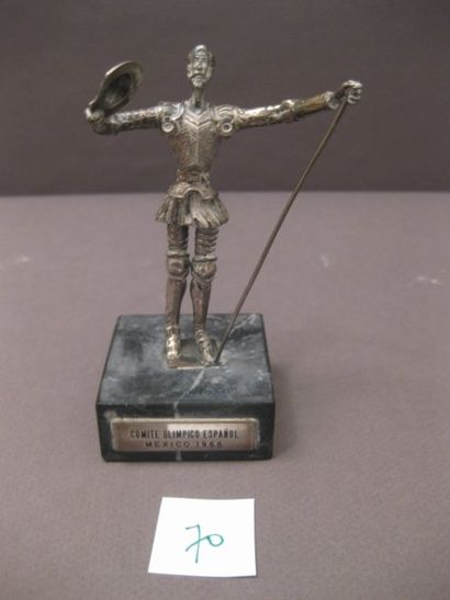 1968 Mexico Don Quichotte. Petite statuette en argent sur socle en marbre noir. Souvenir...