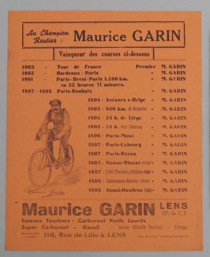 null 3 affichettes publicitaires pour le garage à Lens de Maurice GARIN, 1er vainqueur...