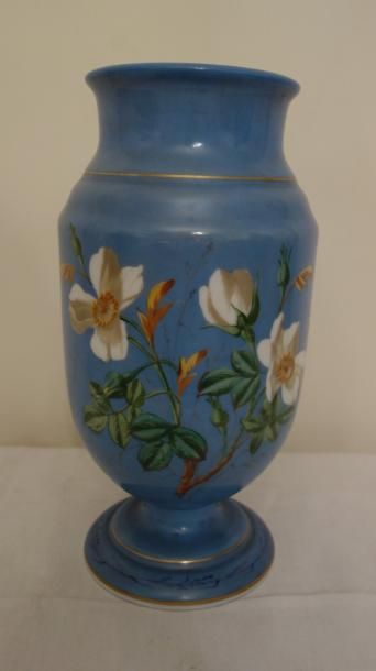 null Vase sur piédouche en orpaline à décor de fleurs polychromes sur fond bleu ciel

H...