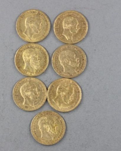 null *Sept pièces de 20 Reichmark en or 1873, 1877, 1888, 1889, 1891, 1905, 1910...