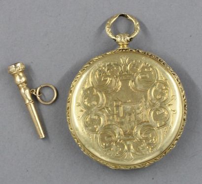 null Montre de gousset en or jaune 18k gravée de rinceaux et d'une maison, pds brut...