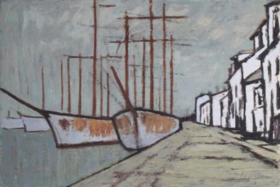 null Roger ARGENTON (1908-1990) Bateaux à quai Huile sur carton signée en bas à droite...