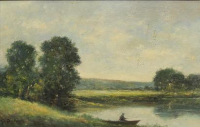 null Georges DALLIER (XIXème siècle). Barque de pêcheur sur la rivière. Huile sur...