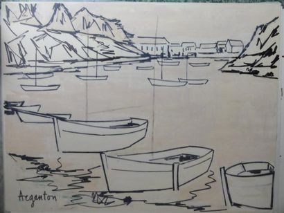 null Roger ARGENTON (1908-1990) Bateaux au mouillage Huile sur papier signée en bas...