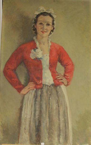 null Ecole moderne Jeune femme à la veste rouge Huile sur toile 115 x 73 cm.|