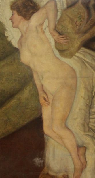 null Ecole moderne Femme nue allongée Huile sur toile (usures sur la toile) 81 x...
