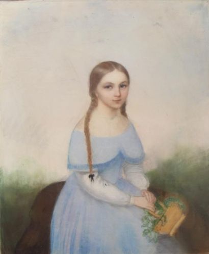 null Ecole du XIXème s. Portrait de jeune fille à la robe bleue Crayons gras 55 x...