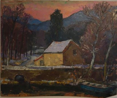 null Raymond ROCHETTE (1906-1993) Maison au bord de l'eau en hiver Huile sur panneau...