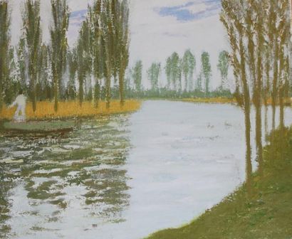 null Roger ARGENTON (1908-1990) Paysage fluvial Huile sur carton 54x66 cm