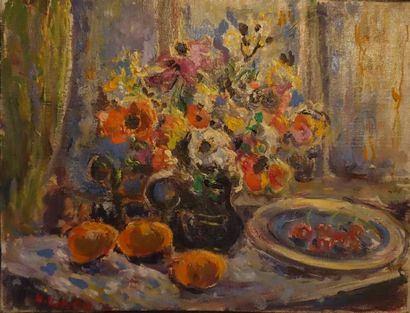 null Katherine LIBROWICZ (1912-1991) Nature-morte aux fleurs et fruits Huile sur...