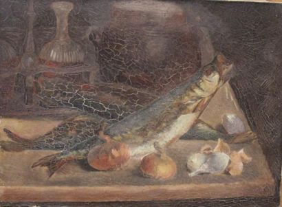 null Ecole moderne Nature-morte aux poissons Trois huiles sur toile Format d'env....