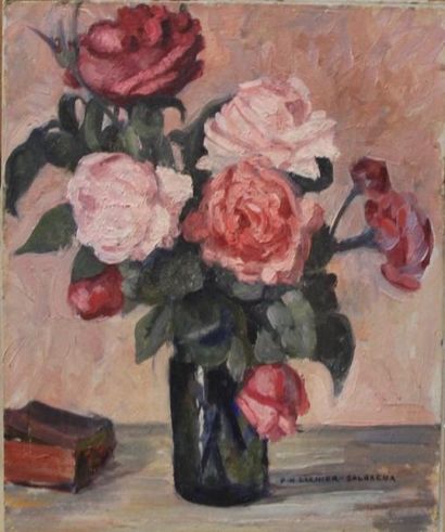 null Pierre-Henri GARNIER SALBREUX (1880-?) Bouquet de rose Huile sur carton signée...