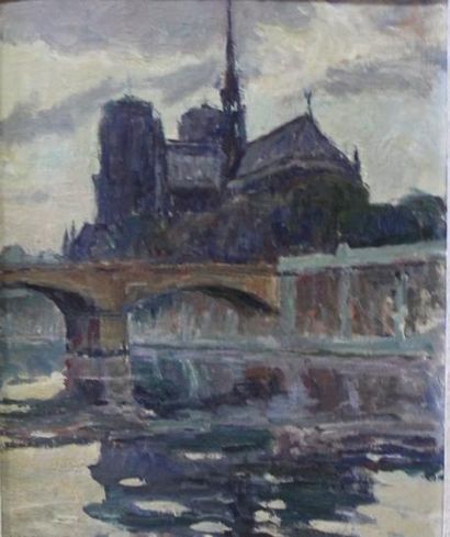 null Maurice FONGEUSE Notre Dame de Paris Huile sur panneau signé en bas à gauche...