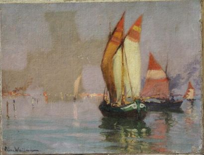 null Pierre WAIDMANN (1860-1937) Bateau de pêche Huile sur toile signée en bas à...