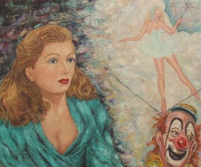 null Anna DE BANGUY (XXXe siècle) "Portrait de femme, funambule et clown" Huile sur...