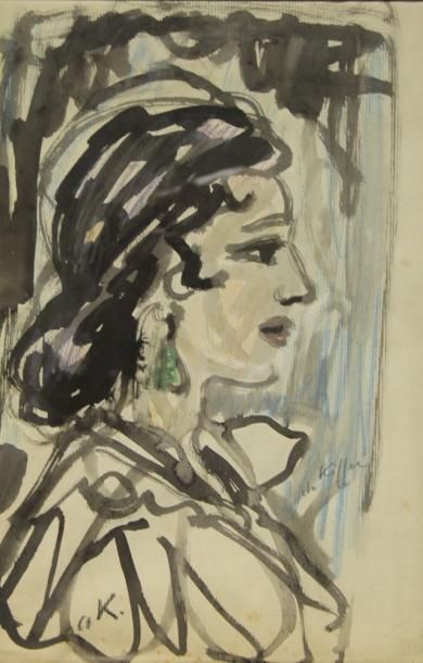 null Charles KIFFER (1902-1992) Femme de profil Lavis d'encre et crayon de couleur...