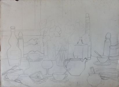 null Roger ARGENTON (1908-1990) 3 dessins : Table (?) Crayon gras 56x76 cm (déchirures)...