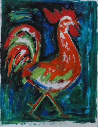 null Roger ARGENTON (1908-1990) Coq Huile sur papier 65x50 cm