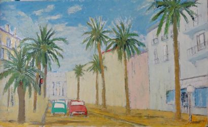 null Roger ARGENTON (1908-1990) Rue aux palmiers Huile sur panneau 45x76 cm