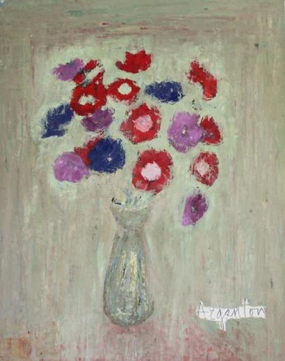 null Roger ARGENTON (1908-1990) Vase de fleurs sur fond vert Huile sur panneau signée...