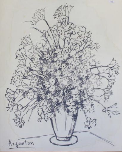 null Roger ARGENTON (1908-1990) Vase de fleurs Dessin à l'encre de couleur sur papier...