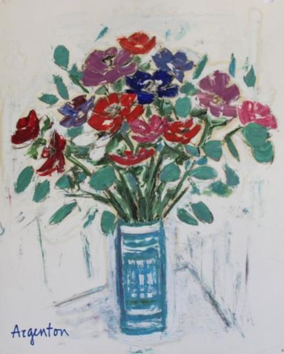 null Roger ARGENTON (1908-1990) Vase bleu d'anémones Huile sur papier signée en bas...