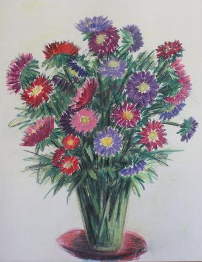 null Roger ARGENTON (1908-1990) Vase de reine-marguerite Pastel 65x50 cm