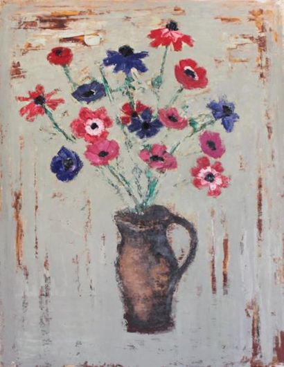 null Roger ARGENTON (1908-1990) Bouquet d'anémones dans un pichet Huile sur papier...