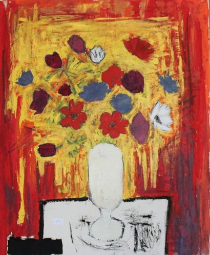 null Roger ARGENTON (1908-1990) Vase d'opaline et fleurs sur fond jaune et rouge...