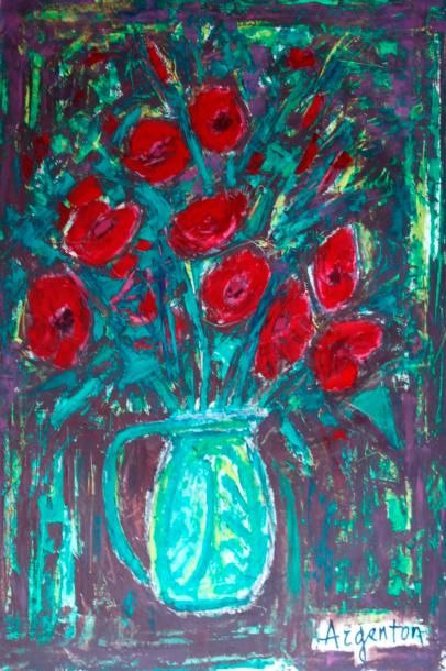 null Roger ARGENTON (1908-1990) Bouquet de tulipes dans un pichet vert Huile sur...