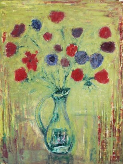 null Roger ARGENTON (1908-1990) Bouquet de fleurs dans un pichet en verre sur fond...