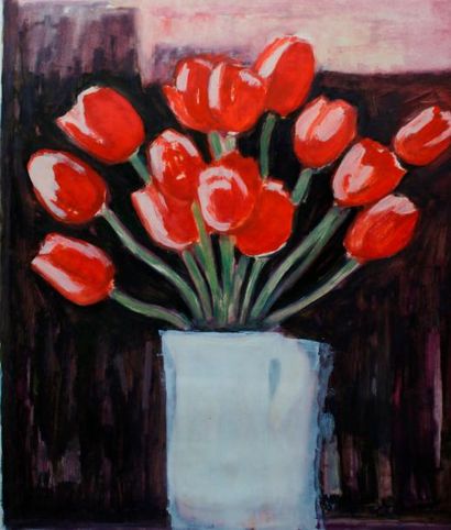 null Roger ARGENTON (1908-1990) Bouquet de tulipes dans un vase Gouache et aquarelle...